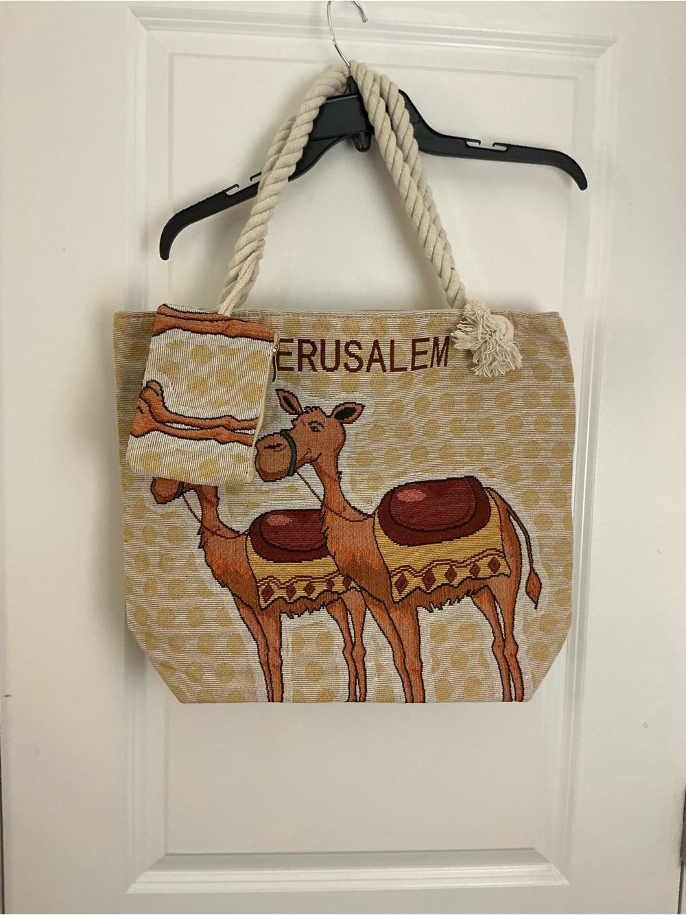 NwotVintage Jerusalem Israel Woven Tapestry Camel Tote Bag Rope Handles Pouch